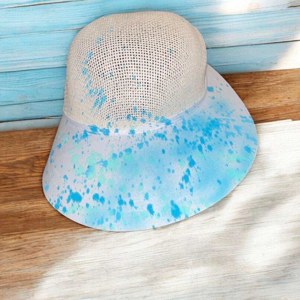 Sun N Sand Wide Brim Sun Hat Blue Splatter Paint Woven Mesh Summer Beach Travel